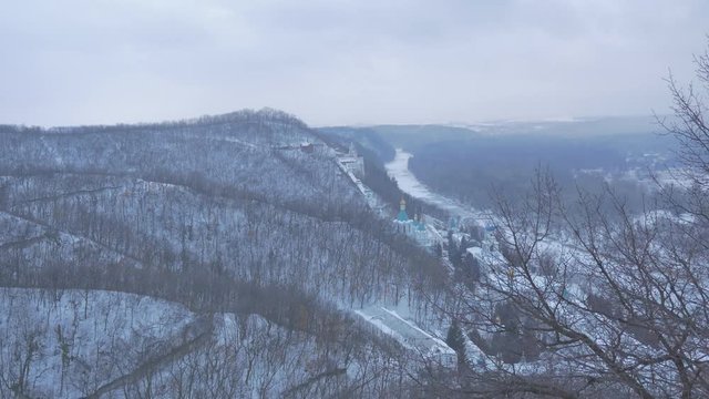 a Picturesque View on Orthodox Sviatogorskaya Lavra From Artyom Monument Observation Deck With Impressive Mountains Being Shot in January