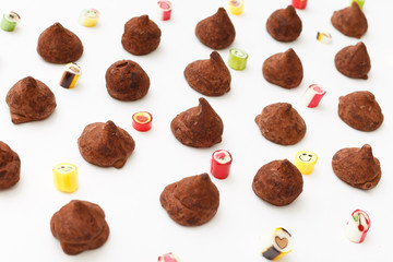 Truffles pattern, top view flat lay of various chocolate