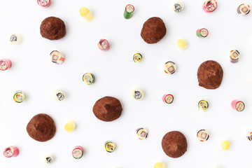 happy new year lollipops, candy pattern, top view flat lay