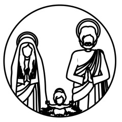 circular contour sacred family with baby jesus vector illustration