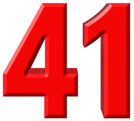Numeral 41, forty one, isolated on white background, 3d render