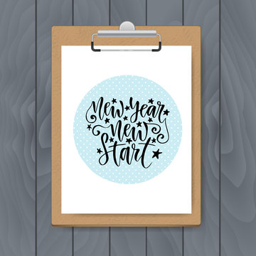 New Year new start lettering on clipboard background. Mockup Vector template on grey wood backdrop
