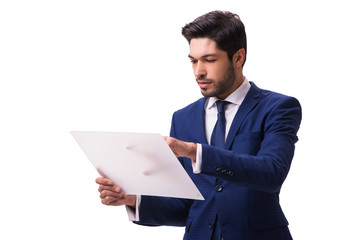 Businessman working on tablet isolated on the white background