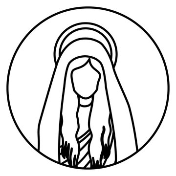 circular shape with silhouette half body saint virgin mary vector illustration