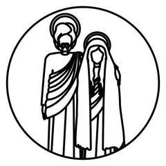 circular shape with silhouette virgin mary and saint joseph embraced vector illustration