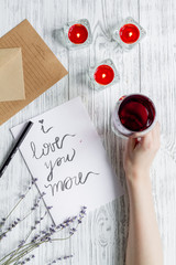 concept Valentine's Day love letter wooden background top view
