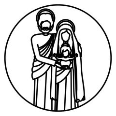 circular shape with silhouette of sacred family standing vector illustration