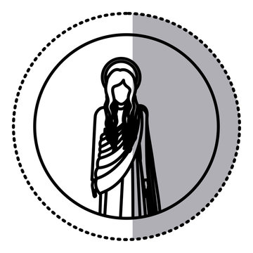 circular sticker with silhoutte figure human of saint virgin maria vector illustration