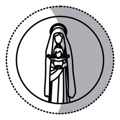 circular sticker with contour saint virgin mary with baby jesus vector illustration