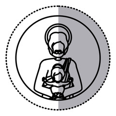 circular sticker with contour half body saint joseph with baby jesus vector illustration