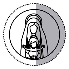circular sticker with contour half body saint virgin mary with baby jesus vector illustration