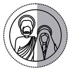 circular sticker with silhouette half body virgin mary and saint joseph vector illustration