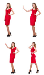 Young woman in red dress isolated on white