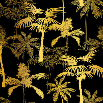 Vector Golden Black Palm Trees Summer Seamless Pattern Background. Great for tropical vacation fabric, cards, wedding invitations, wallpaper.