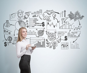 Woman with coffee cup and business sketch