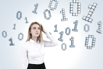Woman scratching head and ones and zeros