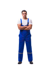 Handsome repairman wearing blue coveralls on white
