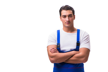Handsome repairman wearing blue coveralls on white