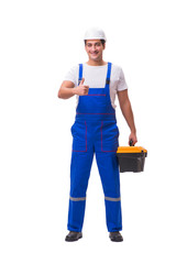 Man with toolbox isolated on white