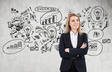 Blond woman near success sketch on concrete wall