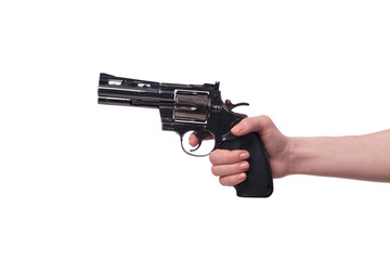 Hand with handgun isolated on white