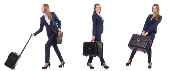 Young businesswoman with suitcase isolated on white