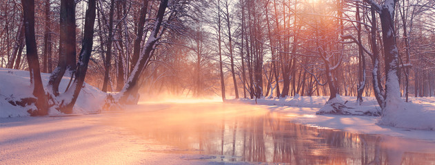 Panoramic landscape of winter morning