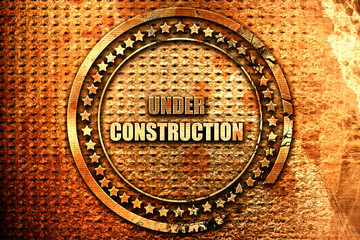 Under construction sign, 3D rendering, grunge metal stamp