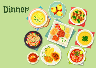 Dinner menu dishes with exotic fruit dessert icon