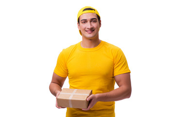 Man delivering christmas present isolated on white