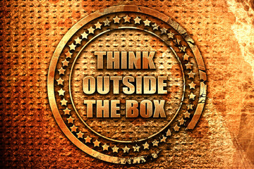 think outside the box, 3D rendering, grunge metal stamp
