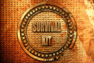 Survival kit sign, 3D rendering, grunge metal stamp