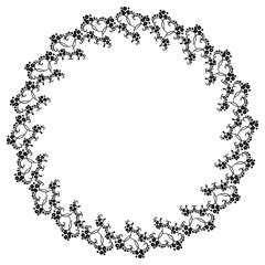 Round black and white frame with abstract decorative flowers. Copy space.
