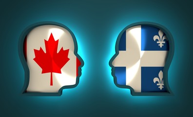 Image relative to politic and economic relationship between Canada and Quebec. National flags inside the heads of the businessmen. Teamwork concept. 3D rendering. Neon light