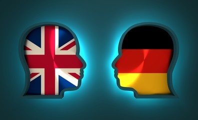 Image relative to politic and economic relationship between Germany and Britain. National flags inside the heads of the businessmen. Teamwork concept. 3D rendering. Neon light