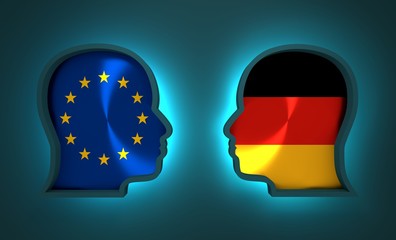 Image relative to politic and economic relationship between European Union and Germany. National flags inside the heads of the businessmen. Teamwork concept. 3D rendering. Neon light