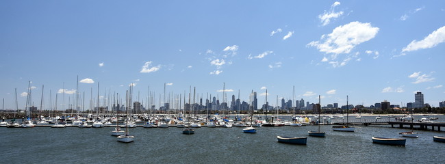 Melbourne skyline from St Kilda (Victoria Australia). View from a wooden jetty over the city of...