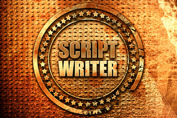script writer, 3D rendering, grunge metal stamp