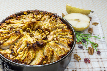 Pear pie homemade organic fruit tart with pecan nuts