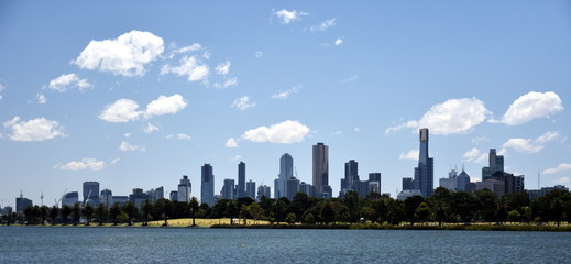 Melbourne city (Australia) skyscrapers viewed across Albert Park Lake.