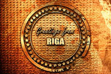 Greetings from riga, 3D rendering, grunge metal stamp