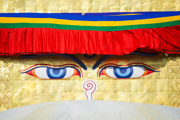 The Wisdom eyes on Boudhanath stupa landmark of Nepal
