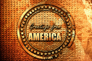 Greetings from america, 3D rendering, grunge metal stamp