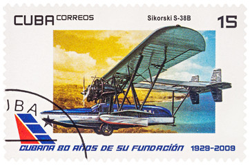 Amphibious aircraft Sikorsky S-38B on postage stamp