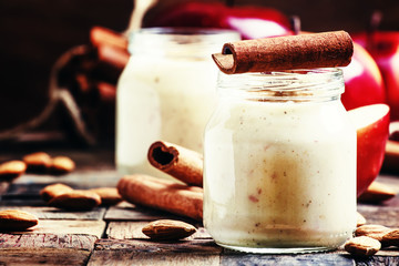 Healthy Food: Smoothies from red apples, oatmeal with almonds an