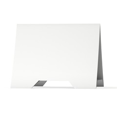 Blank paper tent card. 3d render illustration isolated. Table card mock up on white background.