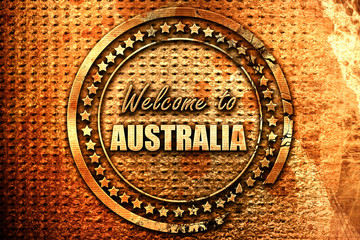 Welcome to australia, 3D rendering, grunge metal stamp