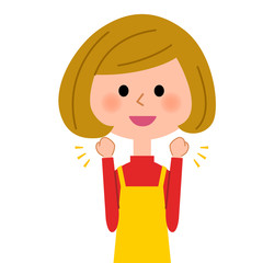 ガッツポーズをするエプロンの女性