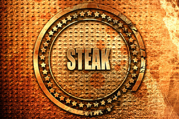 Delicious steak sign, 3D rendering, grunge metal stamp
