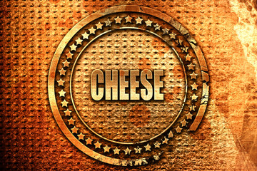Delicious cheese sign, 3D rendering, grunge metal stamp